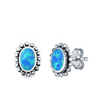 Flower Oval Shape Stud Earrings Lab Created Blue Opal 925 Sterling Silver (9mm)
